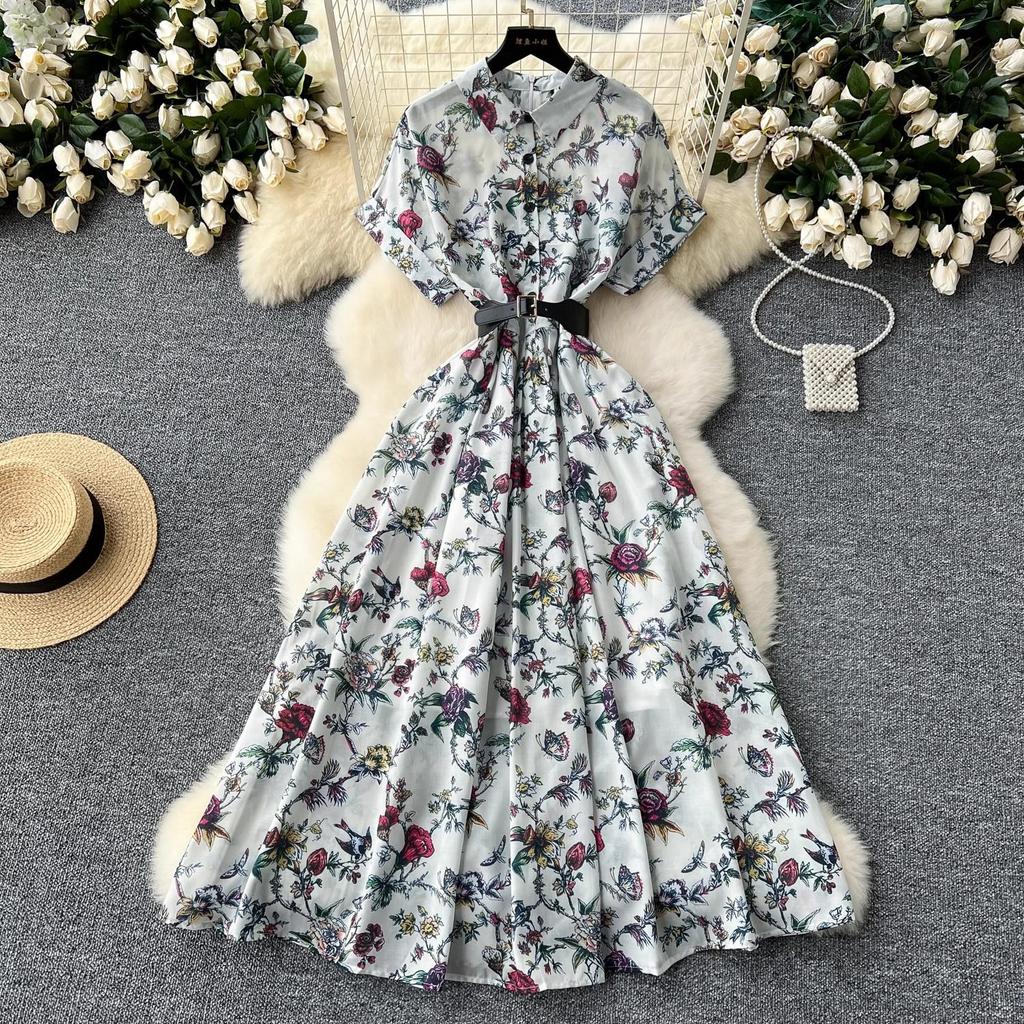 French Vintage Print Lapel Dress Women's Short Sleeve Floral Print High Waist Belt Office Lady Maxi Clothing Female