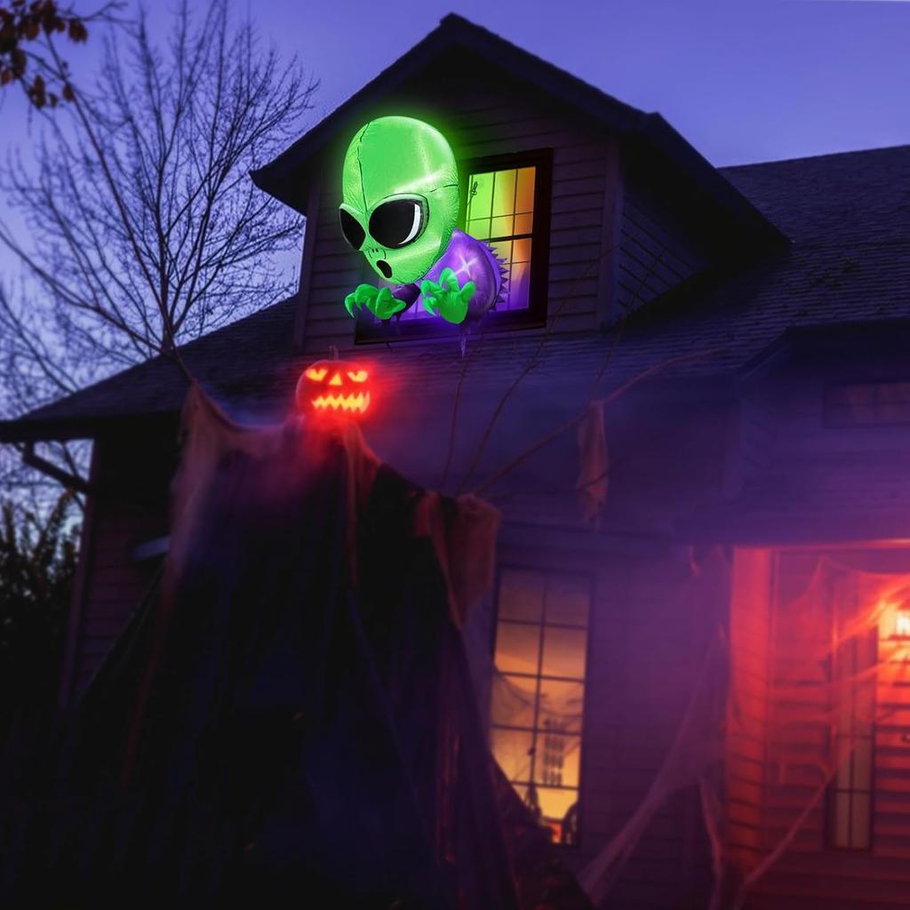 Halloween Decoration Inflatables Alien Broke Out from Window with Built-in LED Blow Up Inflatable for Scary Party Home Indoor Outside Yard Garden
