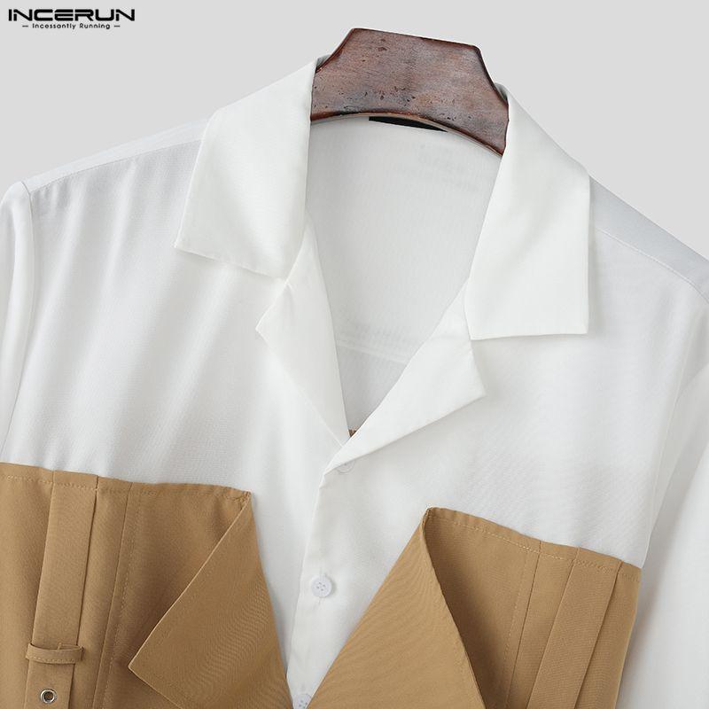 INCERUN Men Lapel Neck Patchwork Hit Color Long Sleeve Casual Shirts Tops