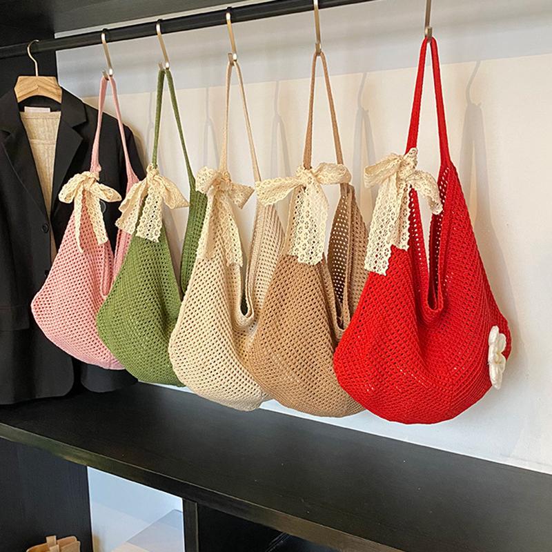 Simple Handmade Knit Shoulder Bag Bohemian Solid Color Crochet Tote Bag Large Capacity Hollow Out Woven Handbag Vacation