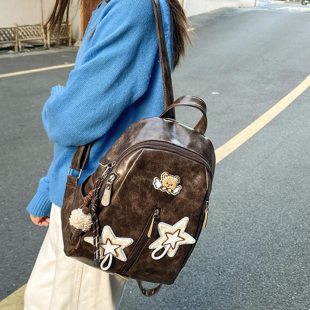 Vintage Fashion College Wind Backpack Niche Splicing Design Women Pu Backpack Casual Student Schoolbag Women