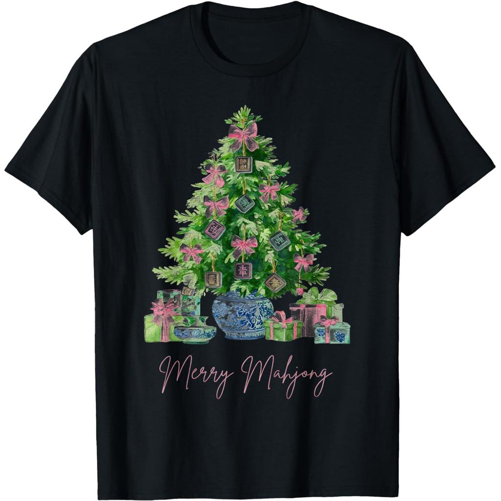 Merry Mahjong Christmas Tree Funny Holiday Game Lover T Shirts Men Humor Streetwear Tee Shirt Short Sleeve Unisex Loose Clothing