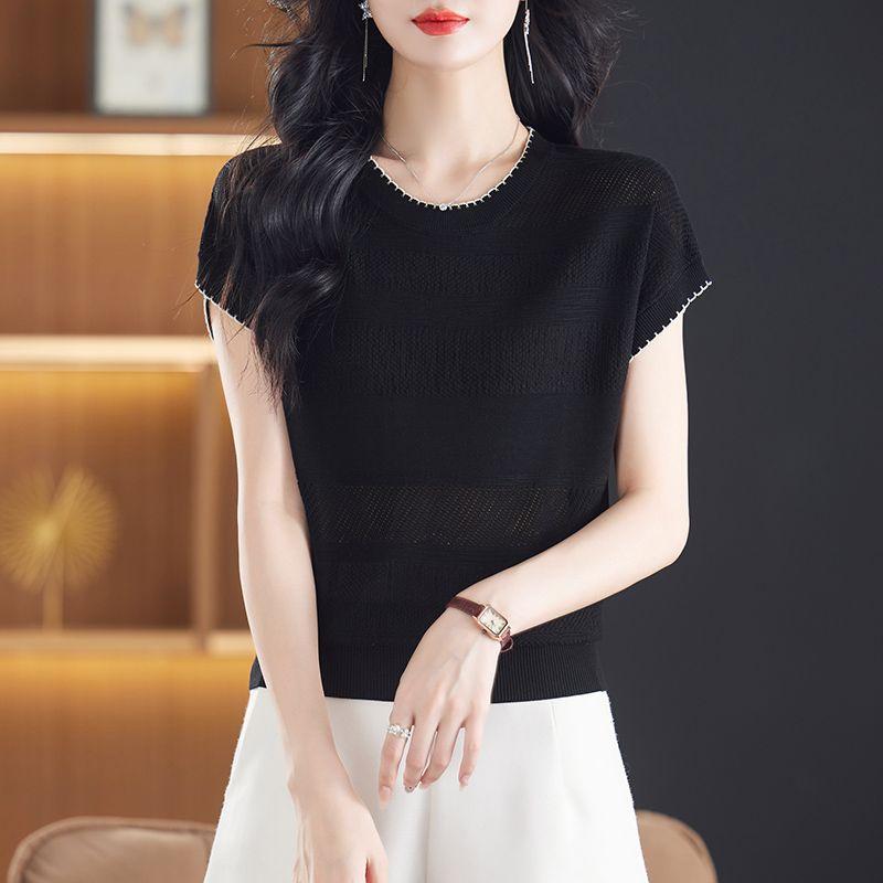 Ice Silk T-shirt for Women Loose and Simple Top Round Neck Knitted T-shirt for Summer