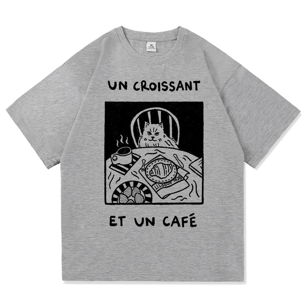 French Cafe Cat T Shirt Fashion Women Summer Funny Letter Un Croissant Et Un Cafe Tshirt High Quality Casual Cotton Tees Shirts