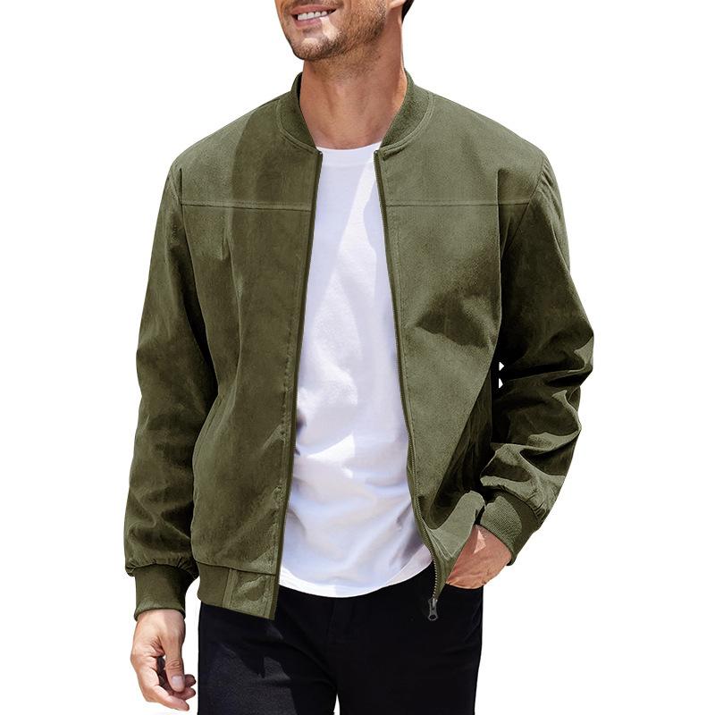 Giacca Cardigan da Uomo in Pelle Scamosciata, Colore Unito, con Zip, Manica Lunga, Casual, Vintage, per Primavera e Autunno