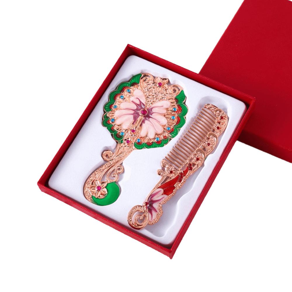 Portable Peacock Makeup Mirror Comb Set Hand-held Luxury Princess Make Up Mirror Metal Handle Embossing