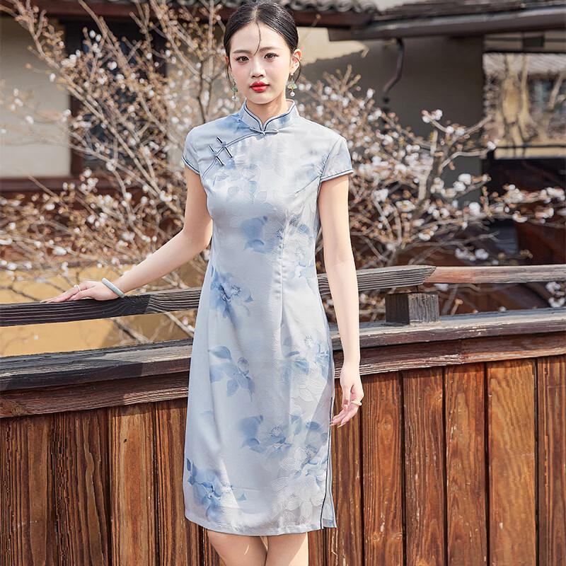 Elegant New Chinese Style Floral Print Qipao Dress M