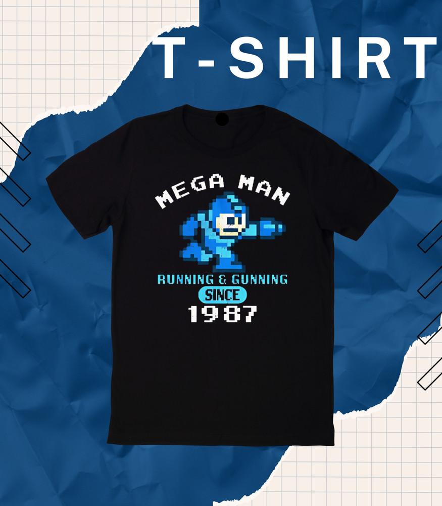 Mega Man Running and Gunning Since 1987 Capcom Gamer Merch Mens T-Shirt.