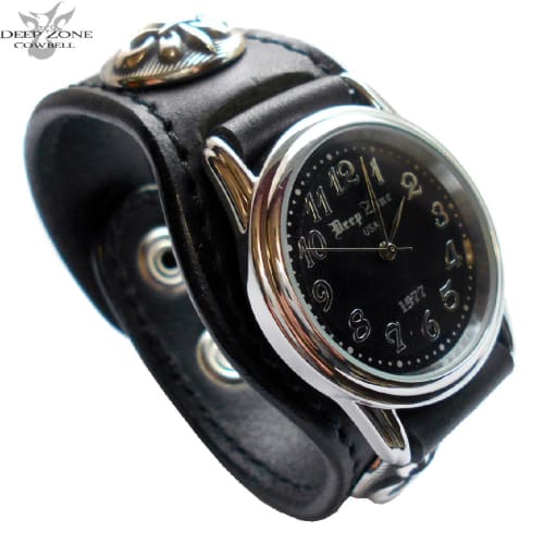 Men's Leather Bracelet Watch with Lily Concho and Black Face