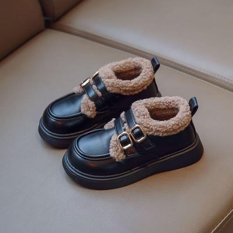 Girls' Cotton Fleece Princess Shoes - 2025 Autumn/Winter British Style, Warm & Thickened Soft Sole Leather Shoes