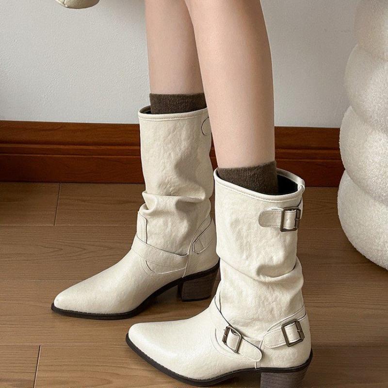 Fashion Metal Belt Buckle Block Heel Single Boots Women's Fashion Pointed Toe Pleated Anti-Slip Wear-Resistant Mid-Tube
