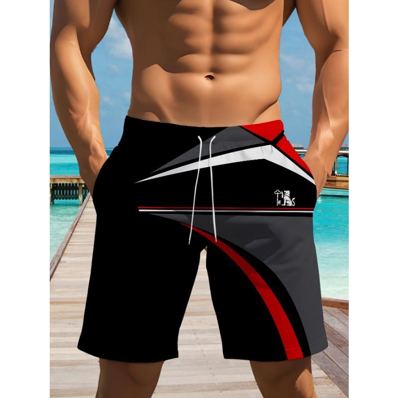 

Men s Casual Geometric Pattern Drawstring Shorts - Black with Red and White Stripes, Digital Print Design, Breathable and Lightweight Fabric 6XL