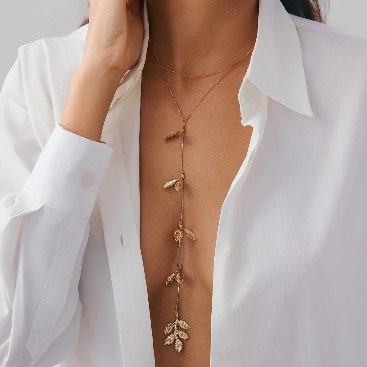 Boho Colourful Beaded Stone Y-shape Necklace for Women Girls Pendant Choker Simple Metal Leaf Long Tassels Sweater Chain Zircon