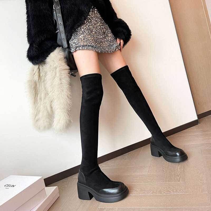 Super Long Knee Boots Women's Thin Bag Thigh Muffin Thick-soled Boots European and American Fashion High-heeled High-tube Elastic Thin Boots