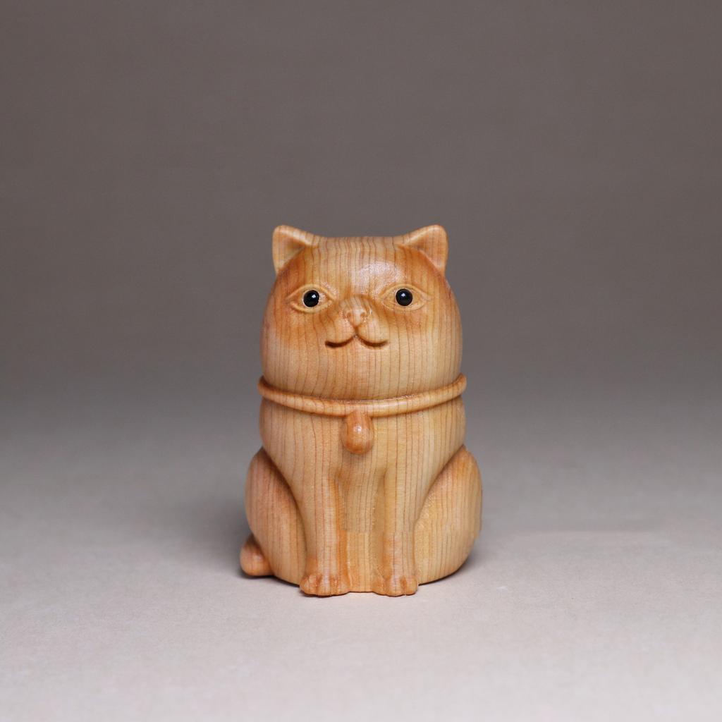 Wooden Carved Lucky Cat Figurine,Miniature Cute Cartoon Chubby Cat Pet Statue Souvenirs,2.2" Office Home Decor Holiday Gifts