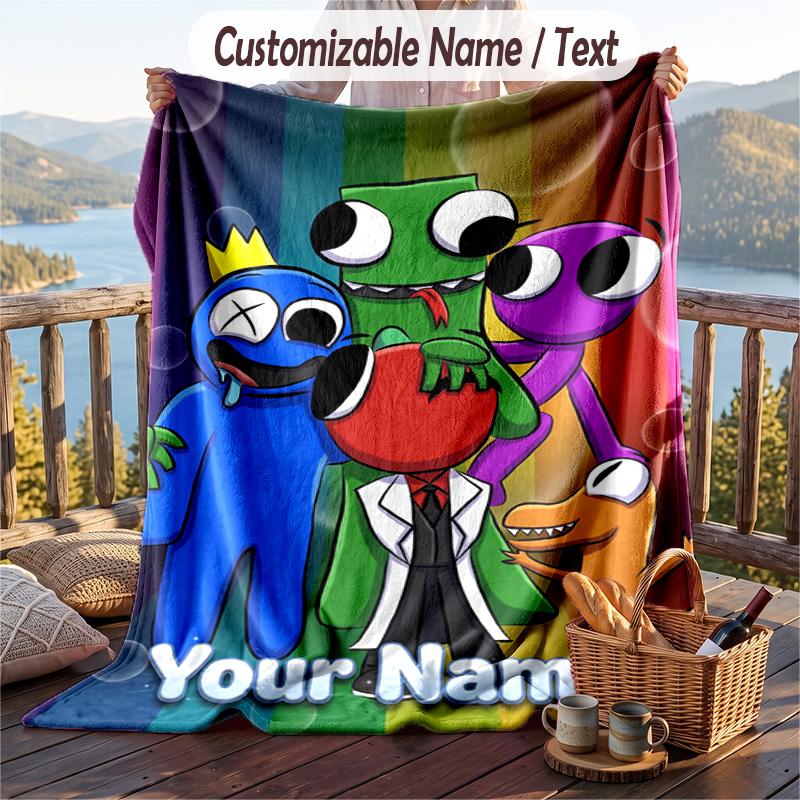 Rainbow Friends Flannel Blanket, Personalized Custom Name Text, Soft Warm Plush Throw Blanket For Gift