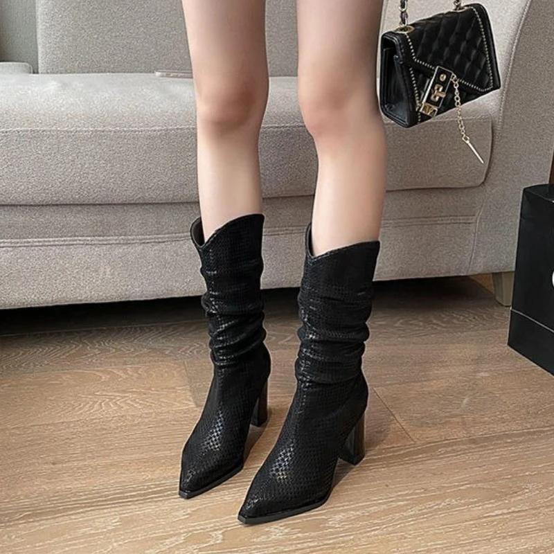 Fashion Warm Pointed Toe Elegant Heeled Half High Boots for Women Designer Luxury Mid Calf Shoes Woman Comfortable Demi-season Boot Sale