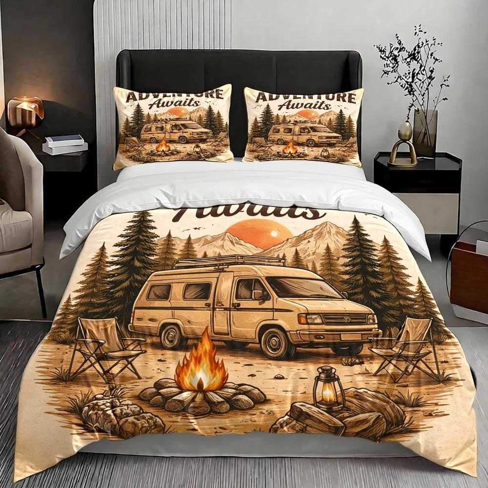 3Pc Adventure Awaits Camping-Themed Duvet Cover Set, Three-Piece Bedding Set Suitable for All Seasons, Machine Washable