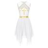 Womens Liturgical Dance Dress Metallic Shiny Cross Sequins Sleeveless Color Block Patchwork Irregular Hem Performance Gown