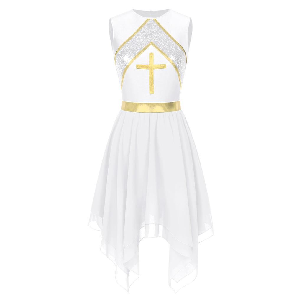 Womens Liturgical Dance Dress Metallic Shiny Cross Sequins Sleeveless Color Block Patchwork Irregular Hem Performance Gown
