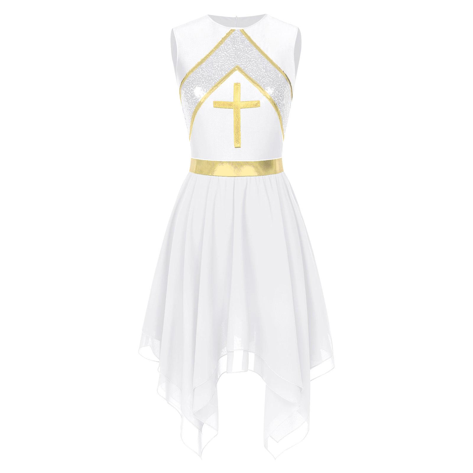 

Womens Liturgical Dance Dress Metallic Shiny Cross Sequins Sleeveless Color Block Patchwork Irregular Hem Performance Gown M білий