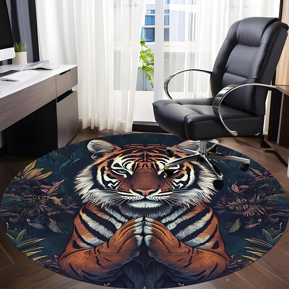 1pc Tiger Print Carpet, Round Non Slip Durable Large Size Office Carpet, Suitable for Office