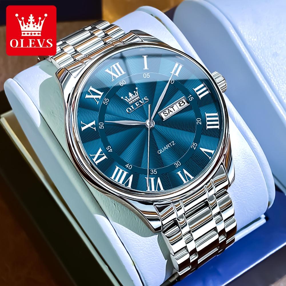 Elegant Men's Watches Stainless Steel Waterproof Dual Calendar Retro Roman Numeral Scale Original Quartz Watch