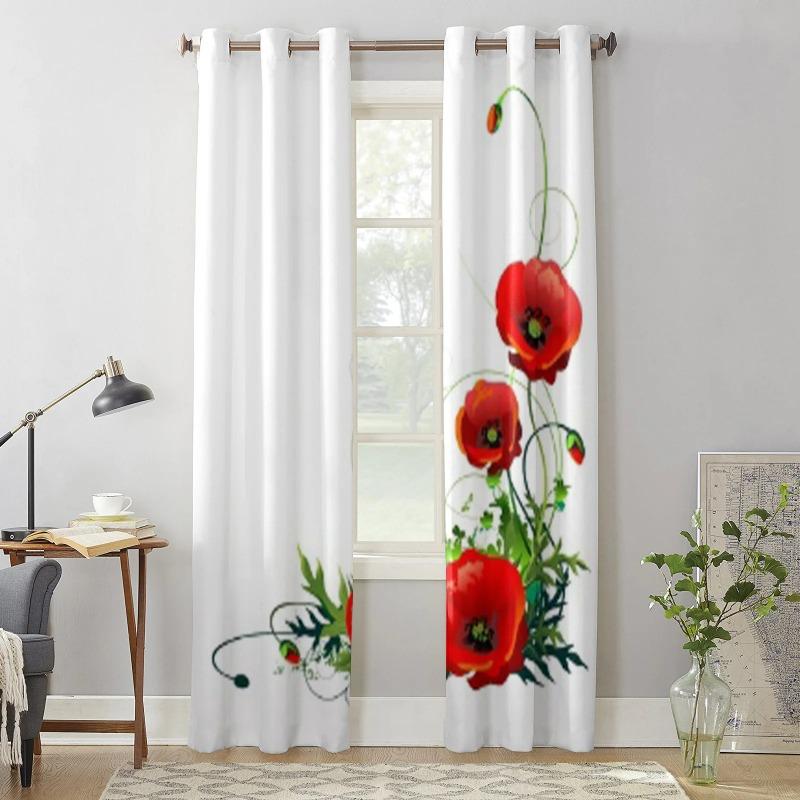 Moderne Fenstervorhänge mit blühenden roten Mohnblumen, luxuriöse Modevorhänge für Wohnzimmer, Schlafzimmer, Küchenvorhänge