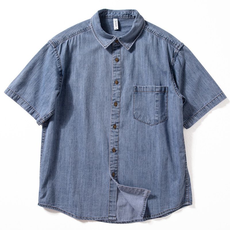 Men's Denim Shirt, Short-Sleeved, Loose Fit, Thin Style, Summer Cool Trendy Retro Five-Quarter Sleeve Pure Cotton Breathable Work Shirt