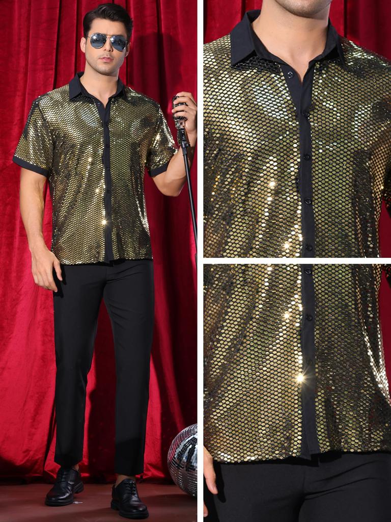 Lars Amadeus Metallic Sequin Short Summer Shiny Top for Disco and Party Size L Men's Shirt, Sleeve, Button-Down Shirt, Wear, Golden,
