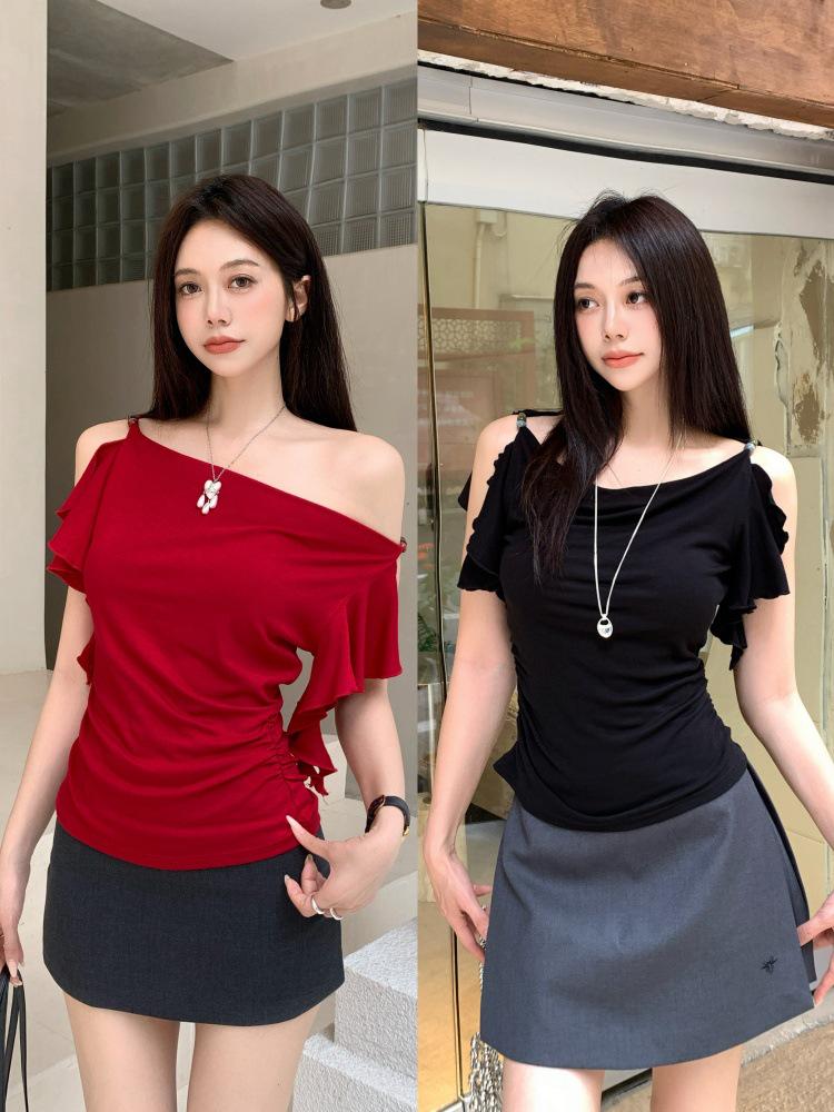 Red Plus-Size Off-Shoulder Ruffle Slim-Fit Top for Summer XXXXL чёрный