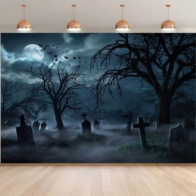 1pc Background Banner - Halloween Cemetery Scene  Full Moon and Bat Pattern - Indoor and Outdoor Halloween Party Decoration