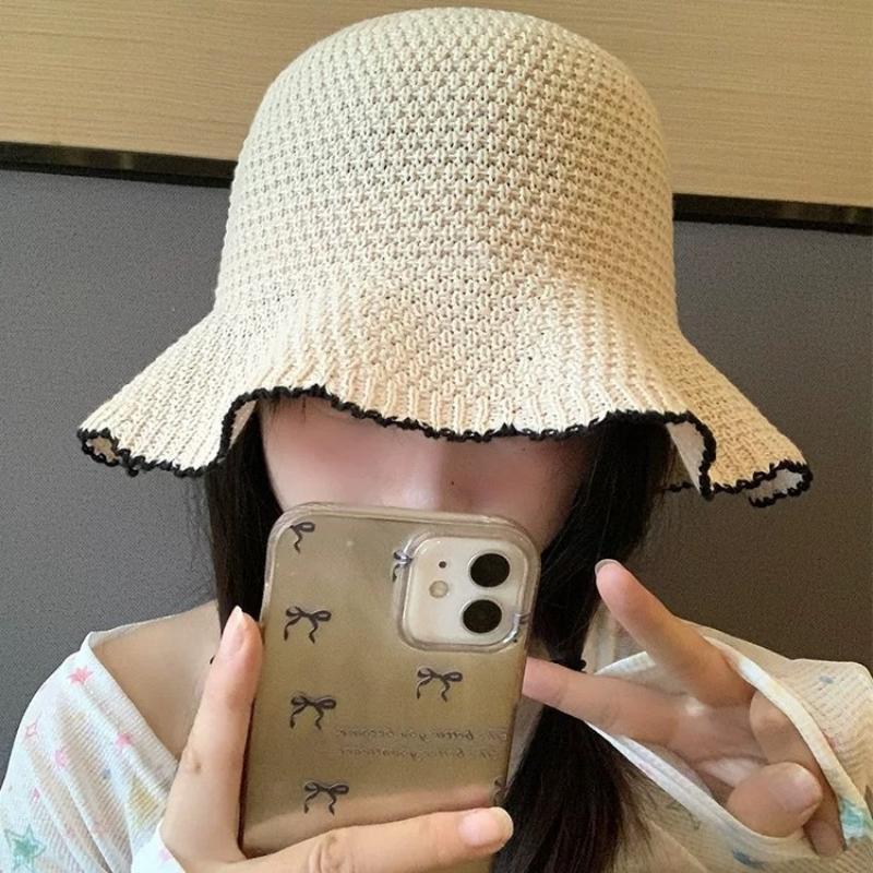 French Wavy Edge Knit Bucket Hat Summer Fashion Breathable Foldable Outdoor Sun Hat