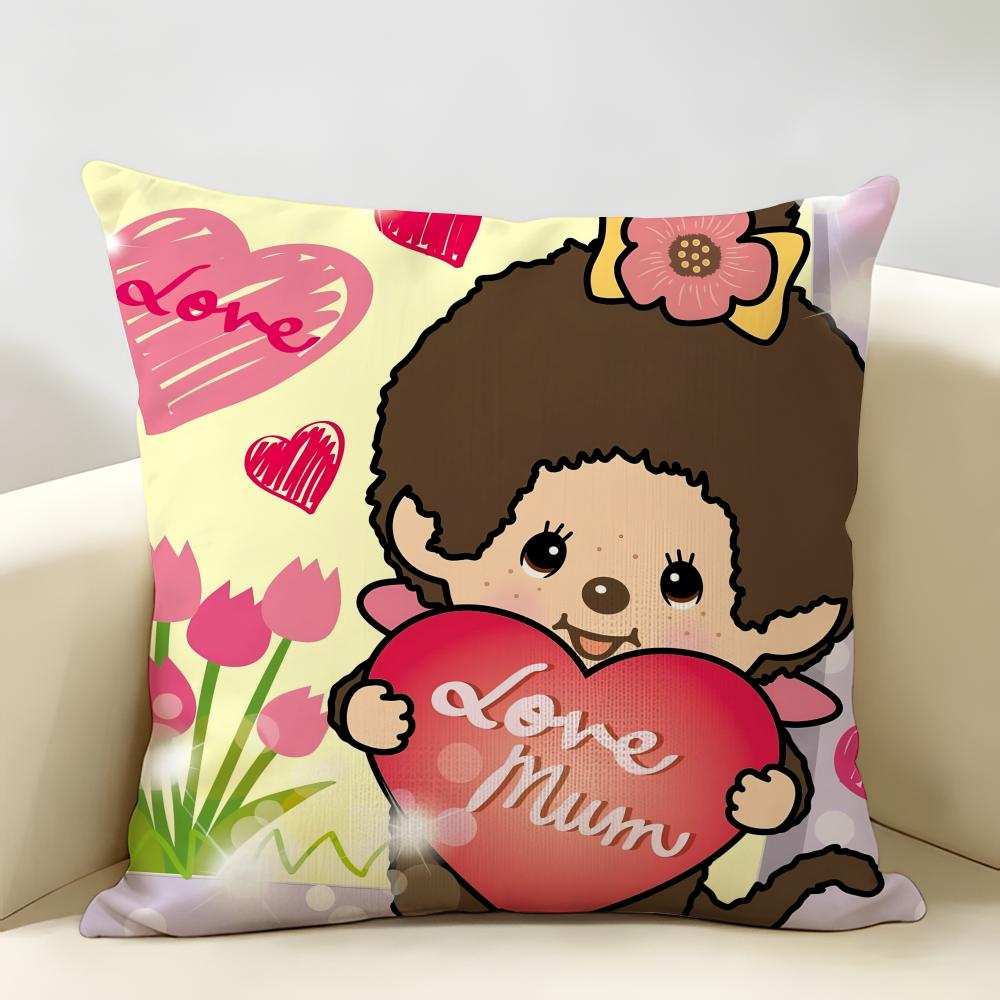 MMonchhichi Cute Cushion Cover Natural Linen Organic Fabric DoubleSided Printing Room Sofa Decor Pillow Case