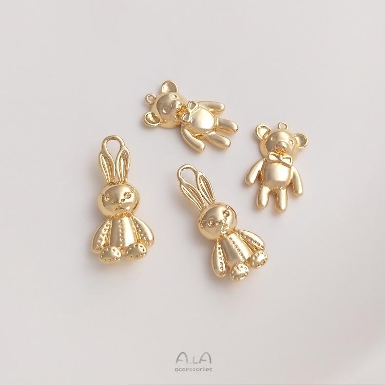 14K Gold-Filled Bear & Rabbit Pendant Charm for DIY Jewelry