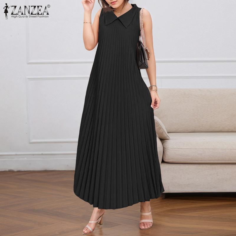 ZANZEA Womens Turn Down Collar Loose Casual Sleeveless Pleated Dress