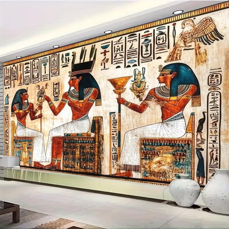 2D Vintage Egyptian Pharaoh Mural Wallpaper, Hieroglyphic Print Wall Covering for Living Room & Office