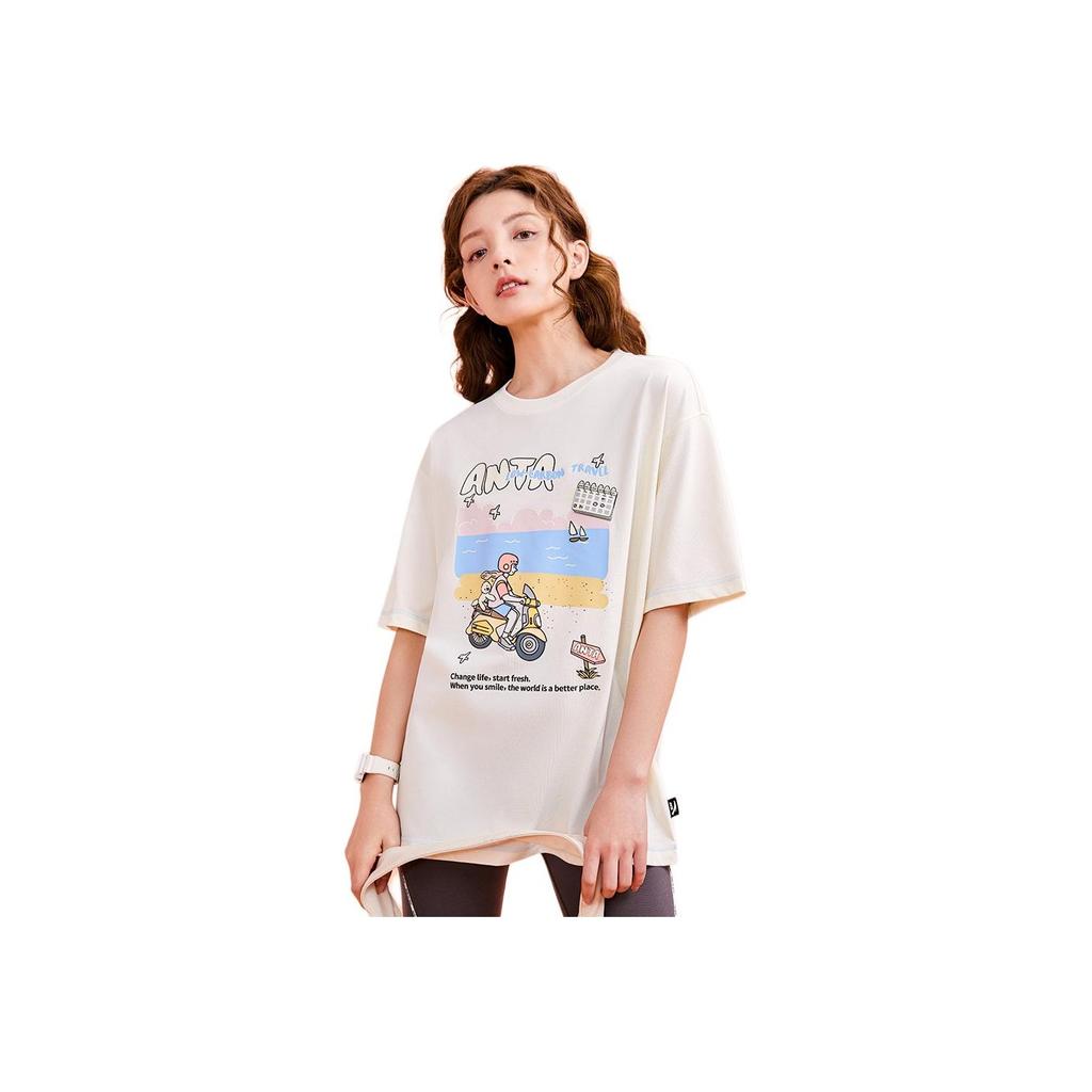 Anta Printed Letter Round Neck Loose Short Sleeve T-Shirt Unisex Tops White 962328122-1