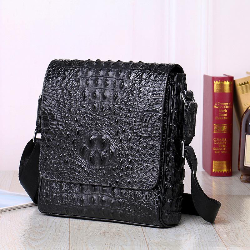 Crocodile-patterned Leather Men's Single-shoulder Bag, Men's Business Casual Vertical Crossbody Bag, Leather Messenger Bag