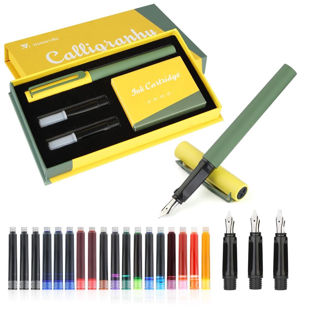 Mancola A Color Contrast Design Fountain Pen Set That Includes 1 Fountain 3 Different Types of and 18 Ink Cartridges Colors In Pen, Nibs, (13 Total)