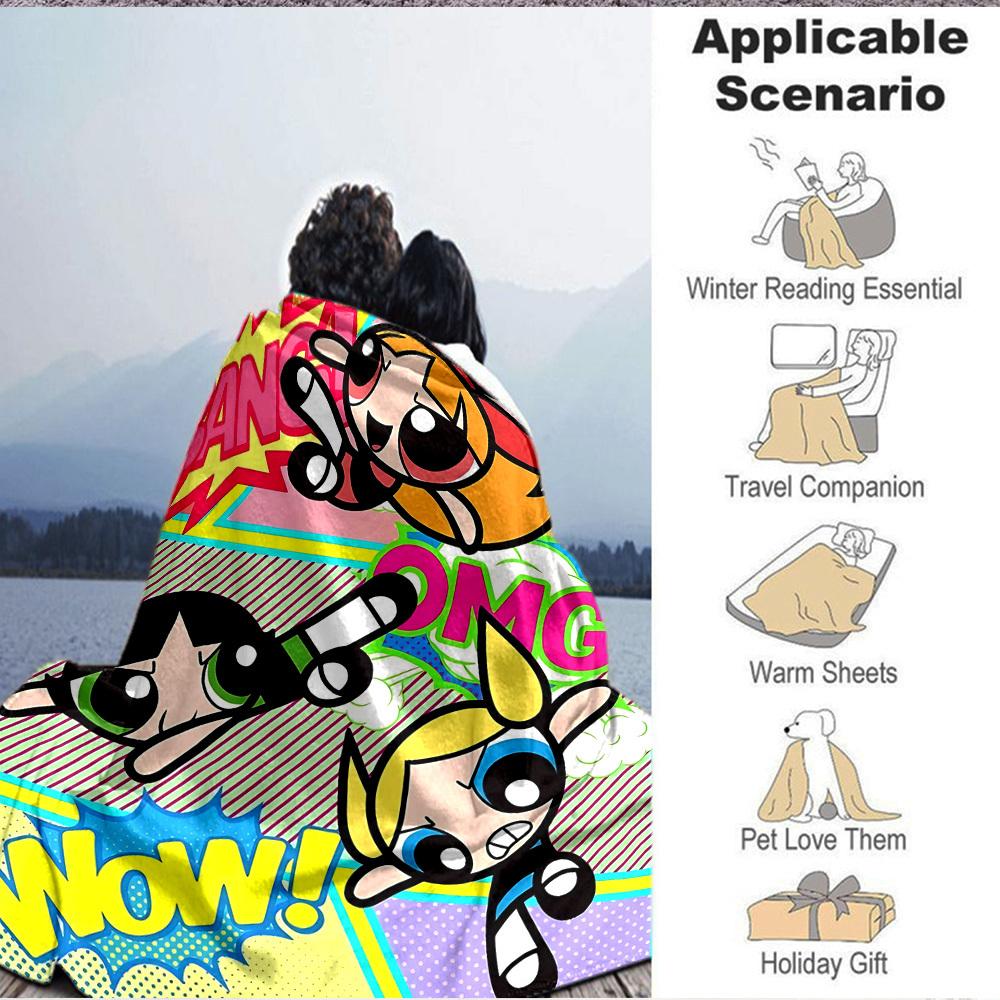 1pc Powerpuff Girls Cozy Print Blanket Lightweight Warm Flannel Throw Blanket For Sofa, Bed, Living Room