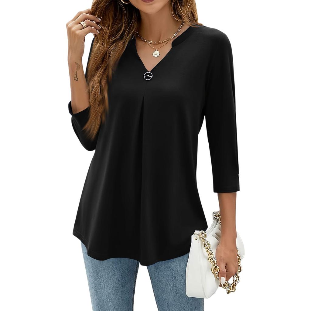 Damen Kragen V-Ausschnitt 3/4 Ärmel Hemden Business Casual Oberteile Locker Arbeit Blusen