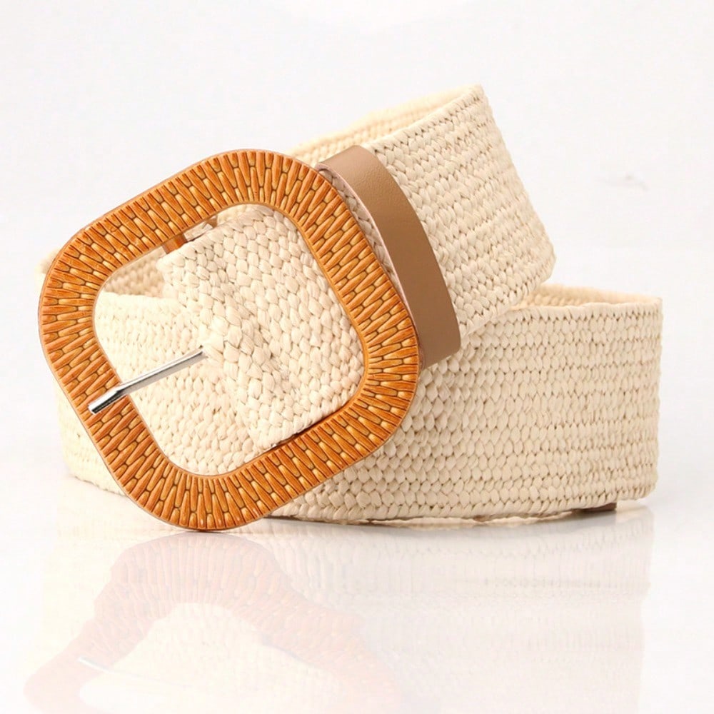 Women's Simple Versatile Round Buckle Belt Mori Women's Elastic Woven Elastic Dress Decorative Belt