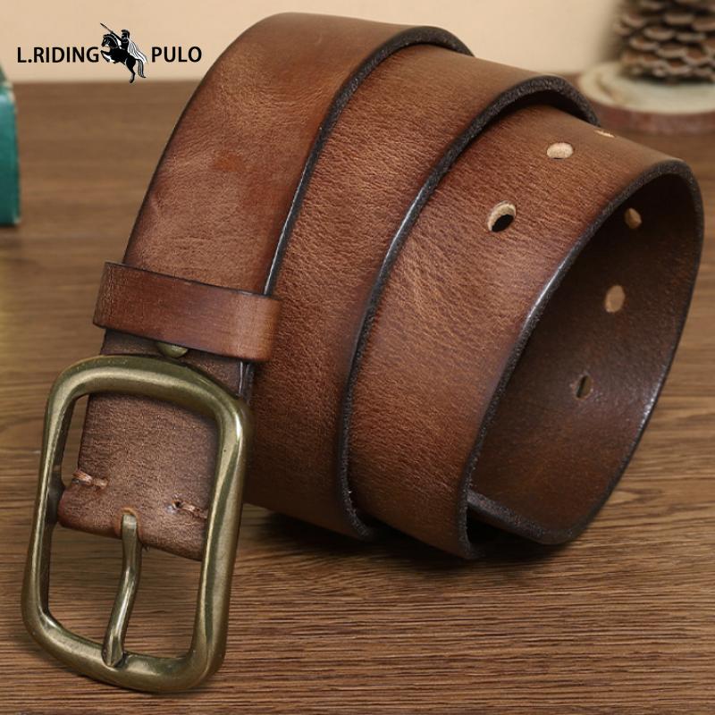 Retro Versatile Pleated Copper Buckle Belt Men's Genuine Leather Trend Pin Buckle Pure Leather Pants Belt
