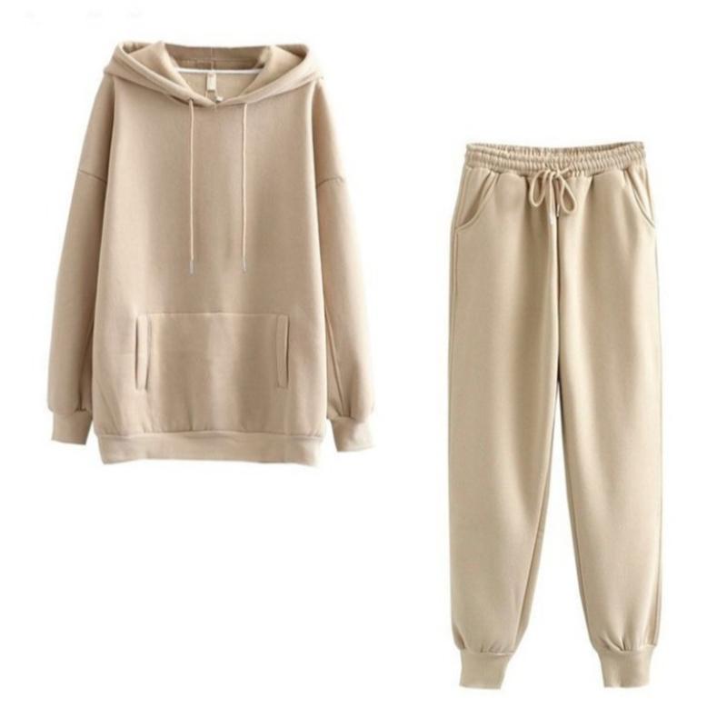 

Осень-зима женский спортивный костюм из плотного флиса и хлопка, комплекты из 2 предметов, толстовки с капюшоном и свободные длинные брюки, костюмы L хаки