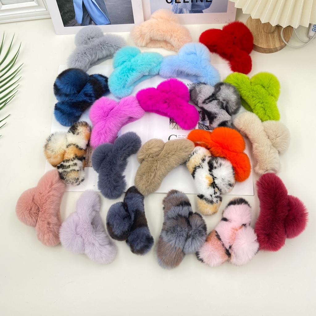 1ks Přírodní králičí kožešina Zimní chlupatá spona do vlasů