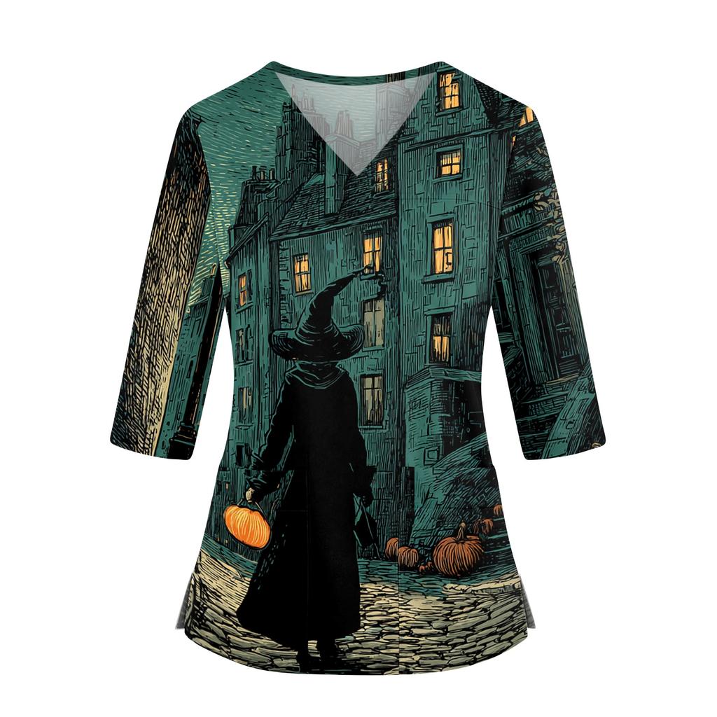 Women's Halloween Print Top V-Neck Three-Quarter Sleeve with Pockets Side Slits Costume Shirt
