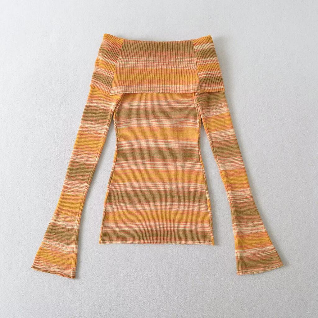 Spring French Retro One-Shoulder Striped Sweater