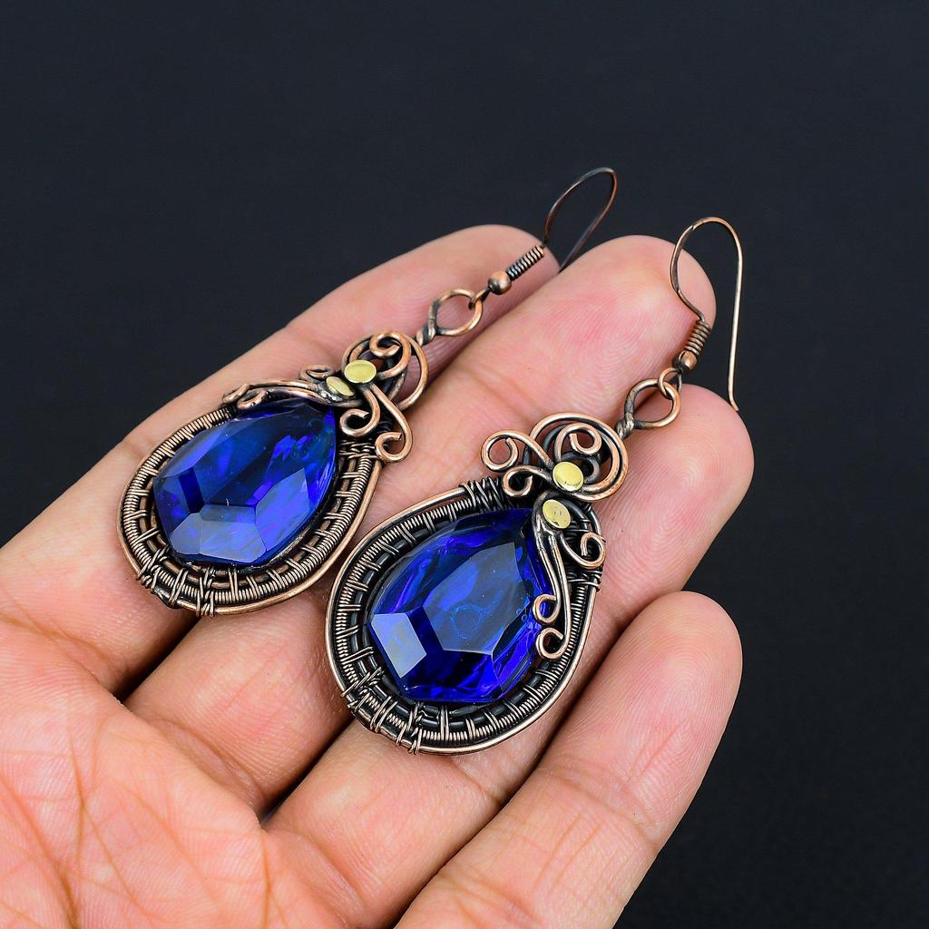 London Blue Topaz 999 Copper Wire Wrapped Earrings, Handmade Gemstone Earrings Jewelry, Gifts For Wife Brand New Earrings