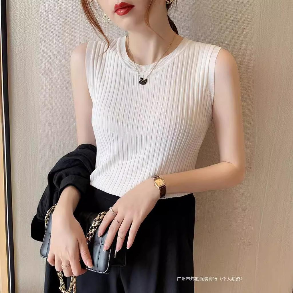 Suspender vest women's spring and summer slim-fit sleeveless knitted bottoming shirt elastic crew neck T-shirt with three-dimensional decoration